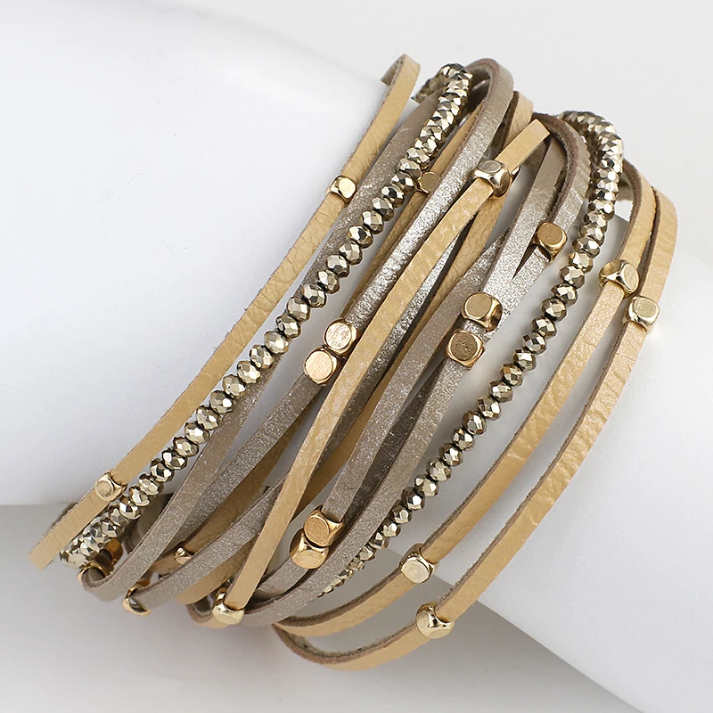 ALLYES Champagne Genuine Leather Bracelets for Women Boho Multilayer Metal Charm Resin Beads Wrap Bracelets Fashion Jewelry