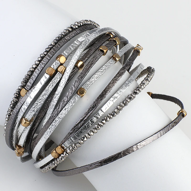 ALLYES Champagne Genuine Leather Bracelets for Women Boho Multilayer Metal Charm Resin Beads Wrap Bracelets Fashion Jewelry