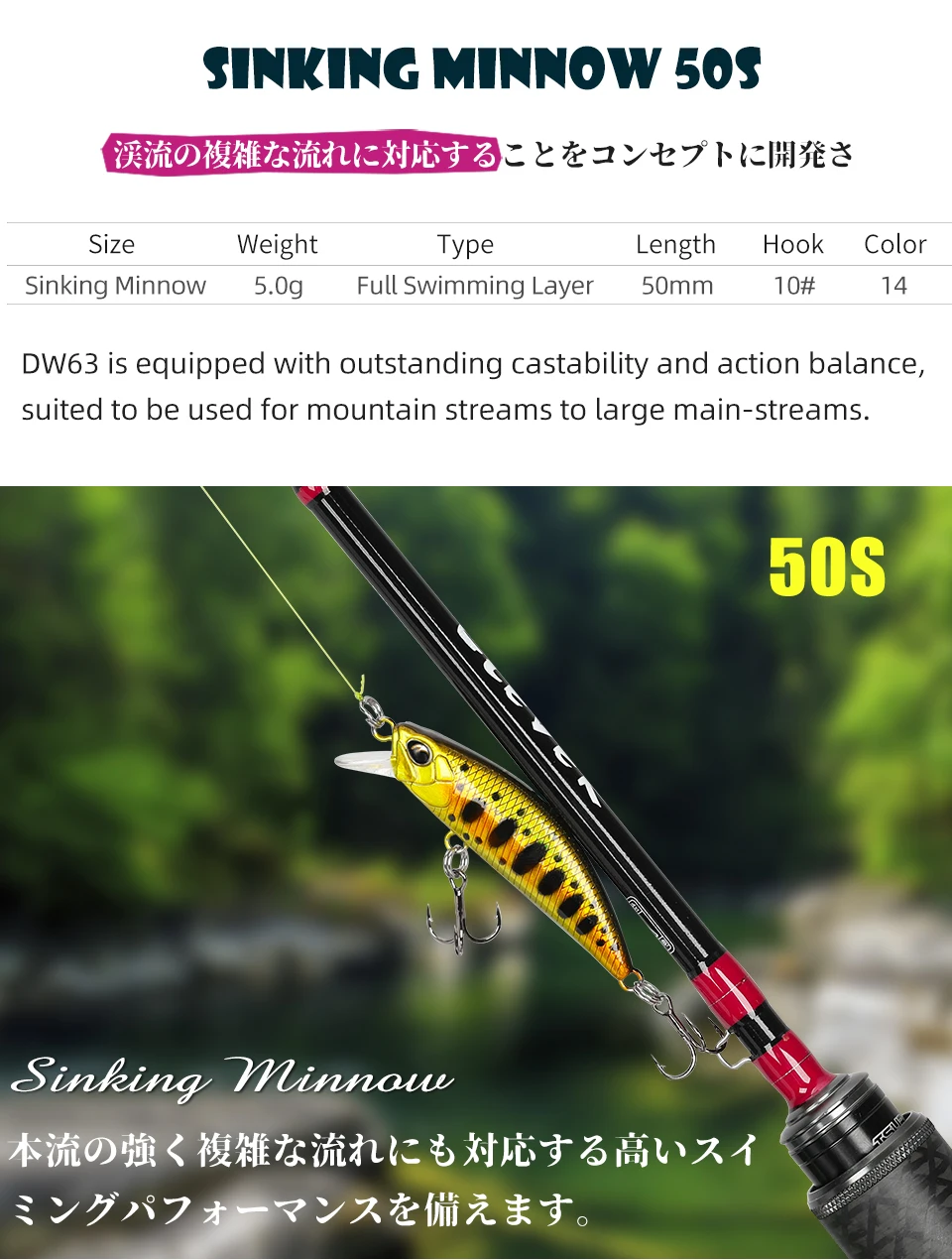 TSURINOYA Sinking Minnow Mini Hard Lure DW63 50S 50mm 5g Artificial Fishing Lure Wobblers Crankbait Trout Bait