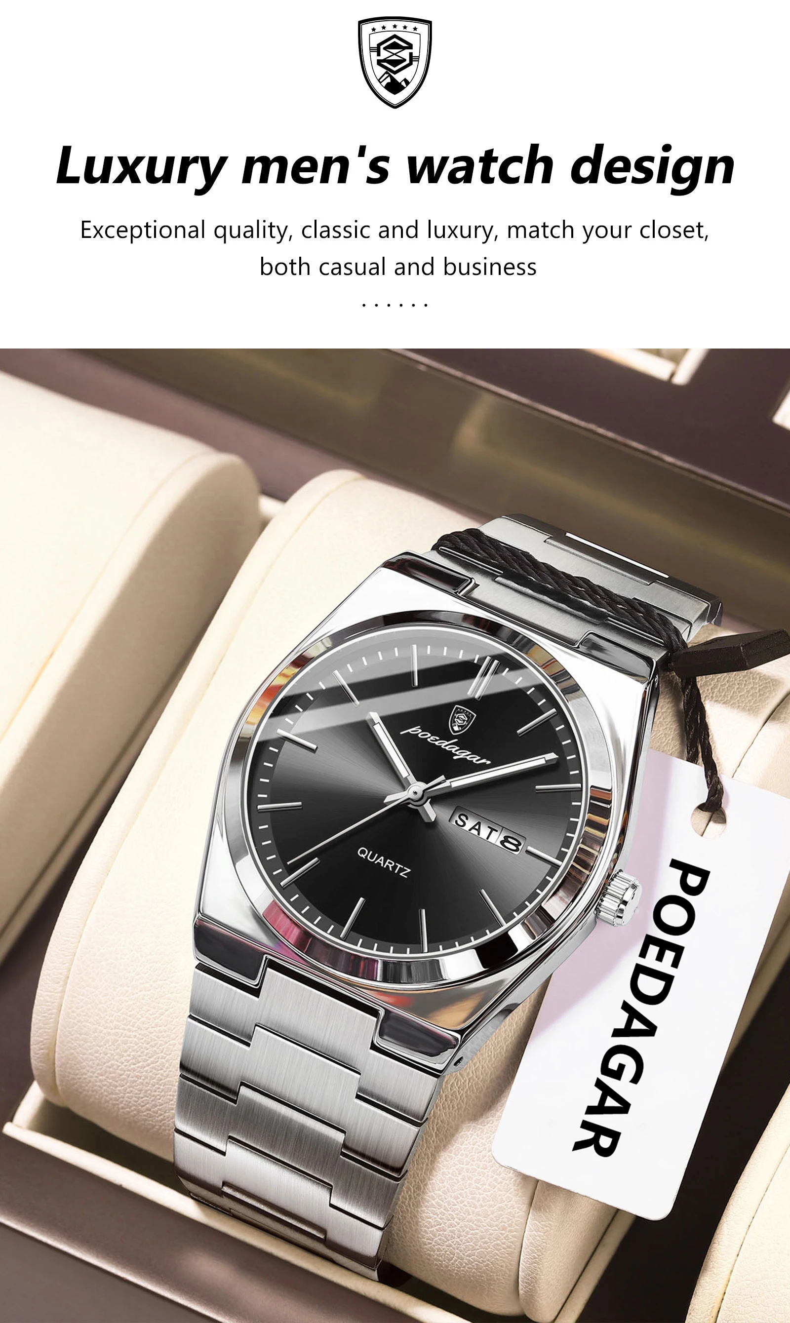 POEDAGAR Luxury Men's Quartz Wristwatch Waterproof Luminous Date Week Man Watch Stainless Steel Business Fashion Watches For Men