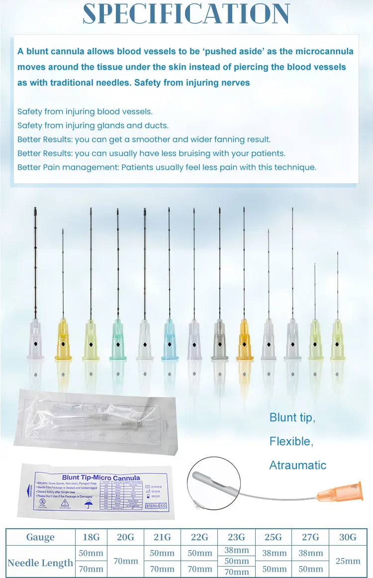 50pcs Micro Tip Blunt Cannula for Filler 18G 20G 21G 22G 23G 25G 27G 30G Disposable Sterile Nose/Lip Micro Cannula