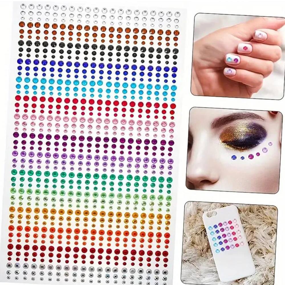 1sheet 900pcs Rainbow Face Glitter Gem Stickers Stick-On Facial Tattoo Eye Rhinestone Jewels 3/4/5mm Mix Wedding Party Make Up
