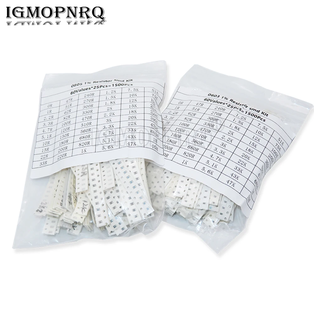 1500PCS SMD 0603 0805 Resistors Assorted Set (60 Values X 25Pcs) 0R-10M Ohm 1% High Precision Film Chip Resistance Kit