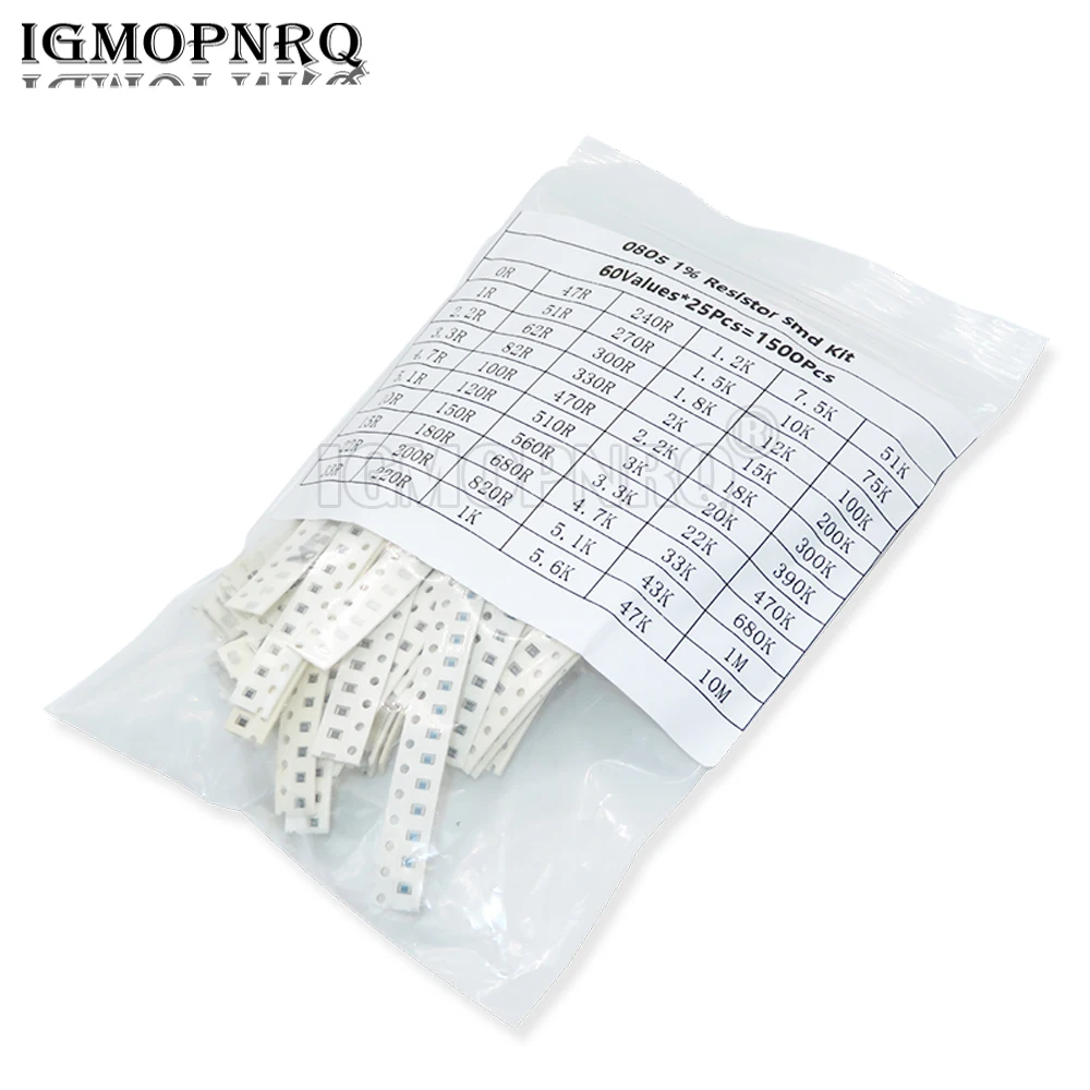 1500PCS SMD 0603 0805 Resistors Assorted Set (60 Values X 25Pcs) 0R-10M Ohm 1% High Precision Film Chip Resistance Kit