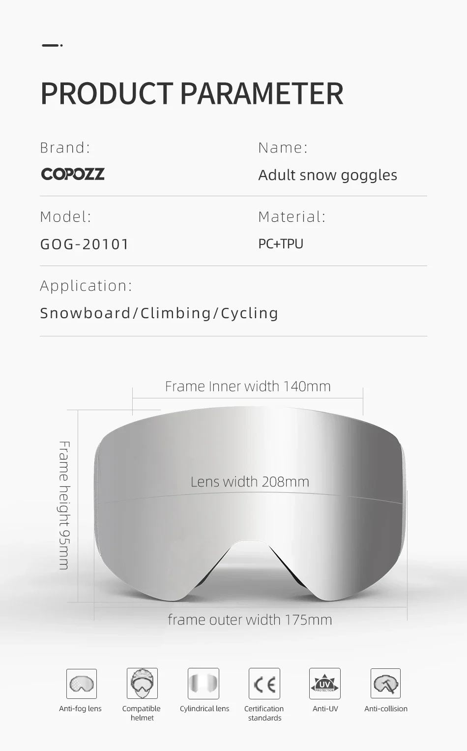 COPOZZ Professional Winter Ski Goggles Magnetic Quick-Change Double Layers Anti-Fog Snowboard Goggles Men Women Ski Equipment