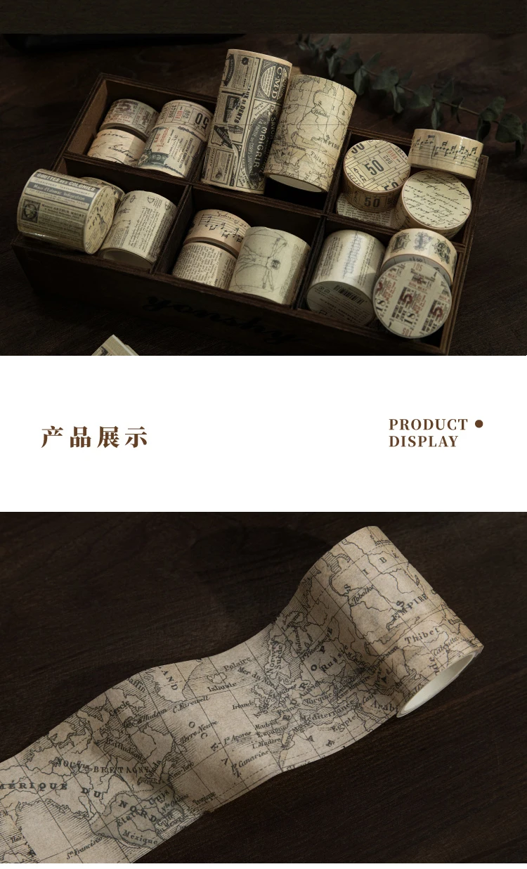 Yoofun 300cm Washi Tape Vintage Map Ticket Bill Coupon Masking Tape for Collage Junk Journal Scrapbooking Planner DIY