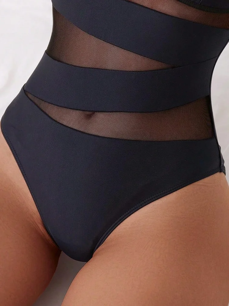One Piece Swimsuit Women 2026 New Black Halter Mesh Sexy Bodysuit Swimwear Monokini Summer V Neck Beachwear Bathing Suit Female