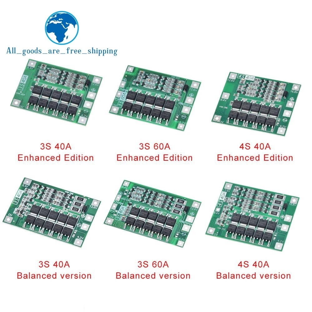 TZT 3S 4S 40A 60A Li-ion Lithium Battery Charger Protection Board 18650 BMS For Drill Motor 11.1V 12.6V/14.8V 16.8V With Balance