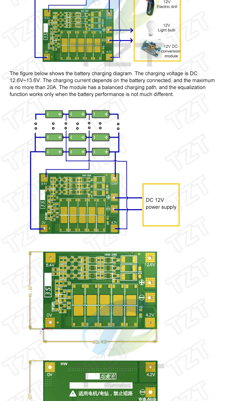 TZT 3S 4S 40A 60A Li-ion Lithium Battery Charger Protection Board 18650 BMS For Drill Motor 11.1V 12.6V/14.8V 16.8V With Balance