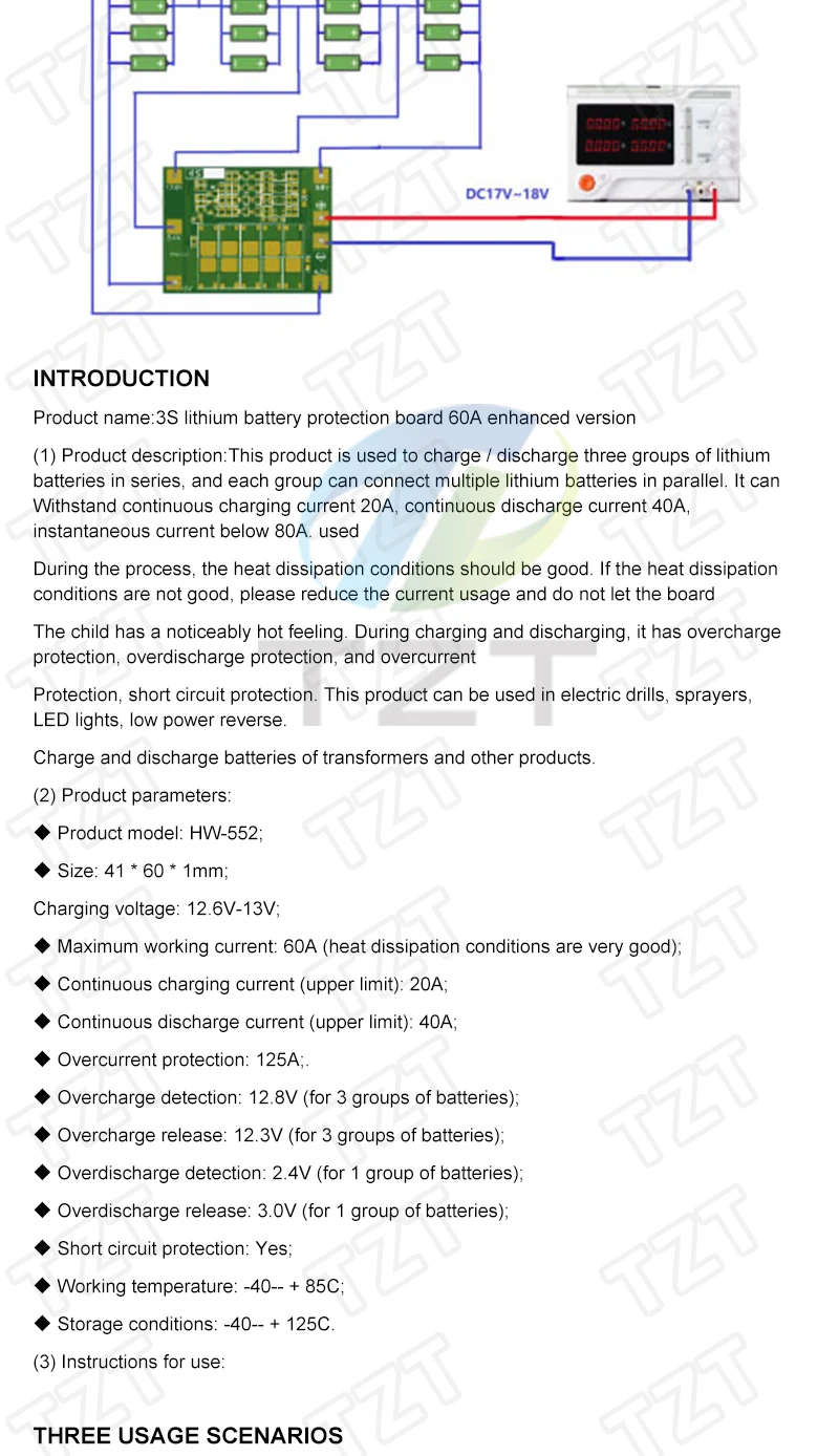 TZT 3S 4S 40A 60A Li-ion Lithium Battery Charger Protection Board 18650 BMS For Drill Motor 11.1V 12.6V/14.8V 16.8V With Balance