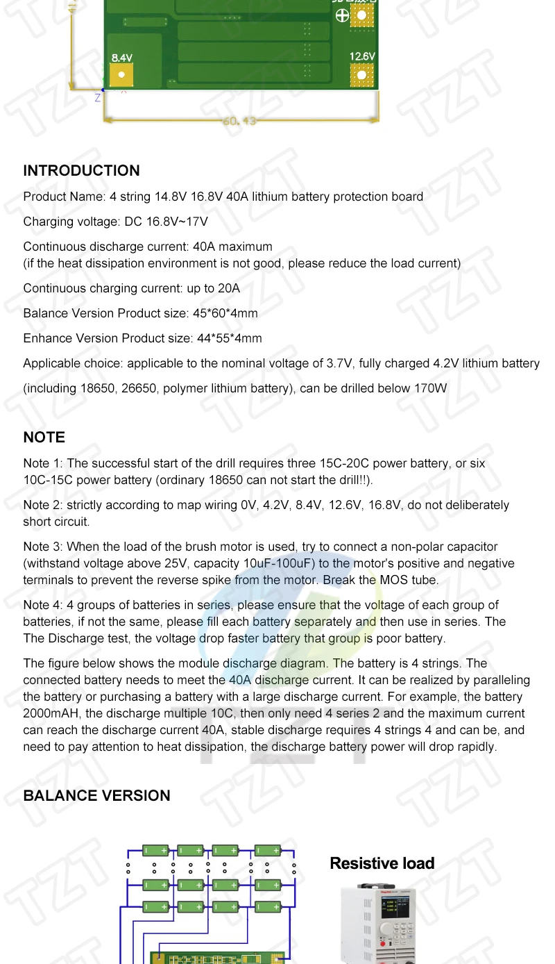 TZT 3S 4S 40A 60A Li-ion Lithium Battery Charger Protection Board 18650 BMS For Drill Motor 11.1V 12.6V/14.8V 16.8V With Balance