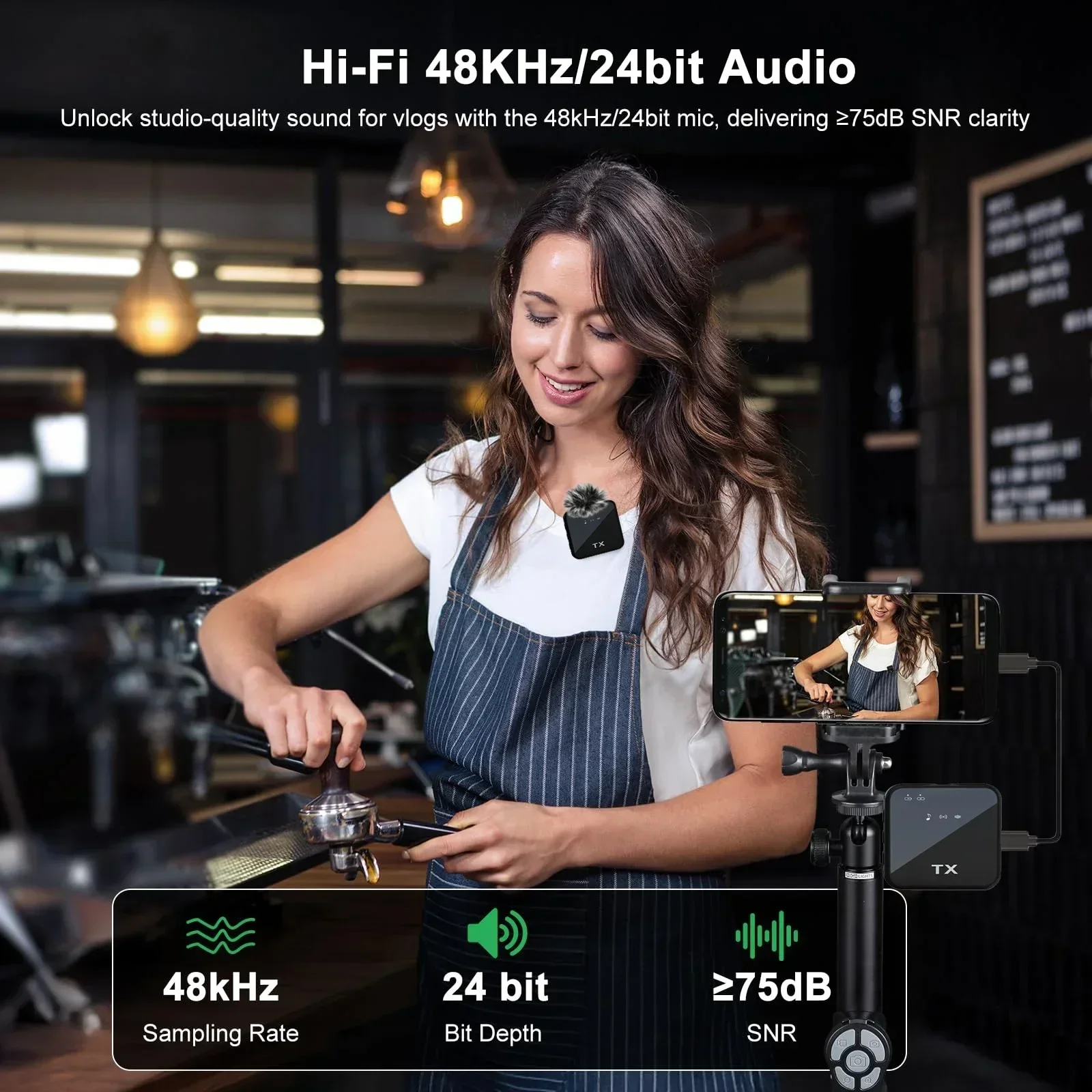 3in1 Microphone for iPhone/Android, Wireless, 328ft Transmission, Mini Microphone for Record Interview