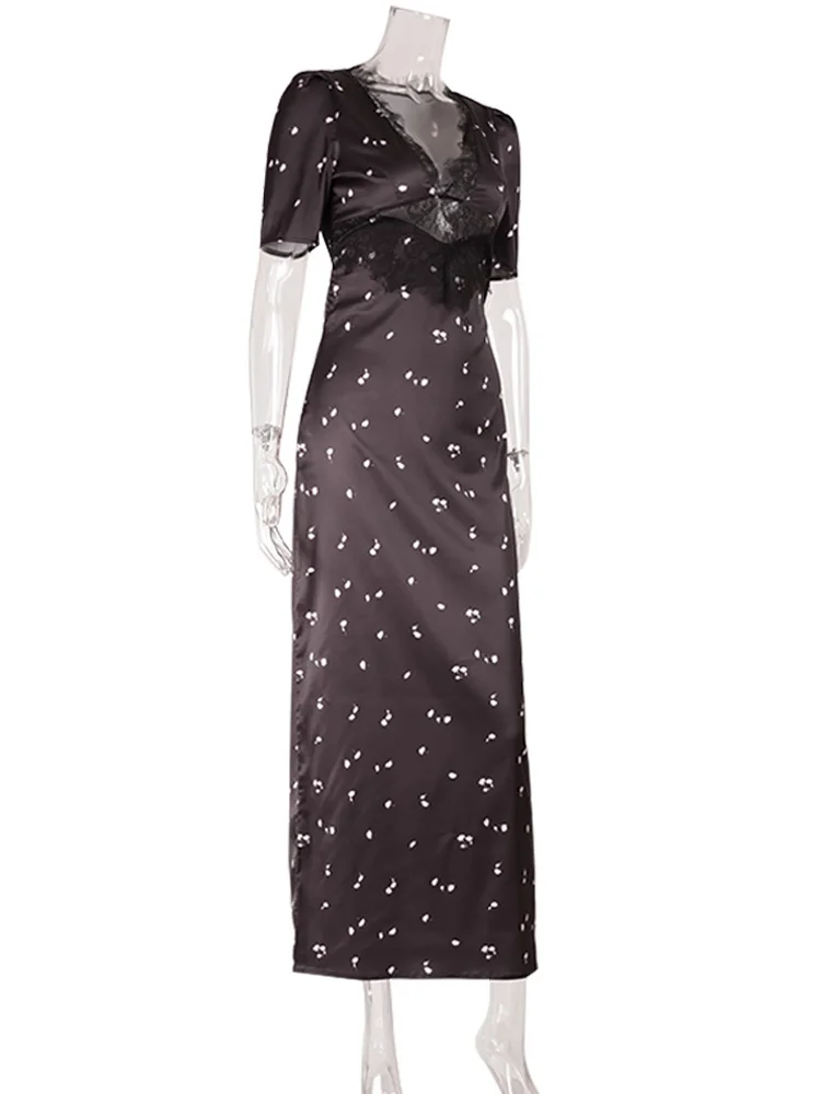 Lace Patchwork Printed Maxi Dresses For Women Fashion Sexy Streetwear Short Sleeves Slim Hollow Out Long Vestidos Robes Female