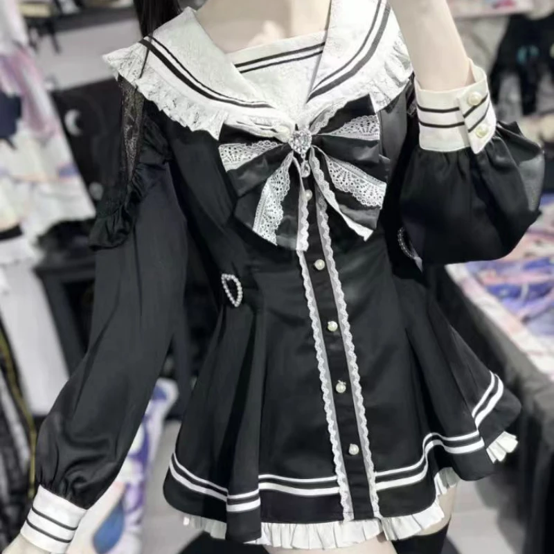 Japanese Style Gothic Y2k Lolita Bow Dress Shorts Set Women Vintage Sweet Long Sleeve Button Shirt Party Dresses Slim Mini Dress