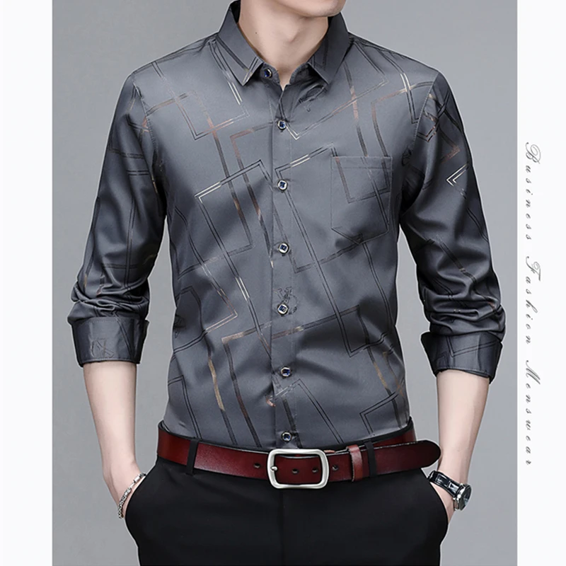 Men's Casual and Fashionable Long Sleeved Printed Shirt Non Ironing and Wrinkle Resistant Business Top
