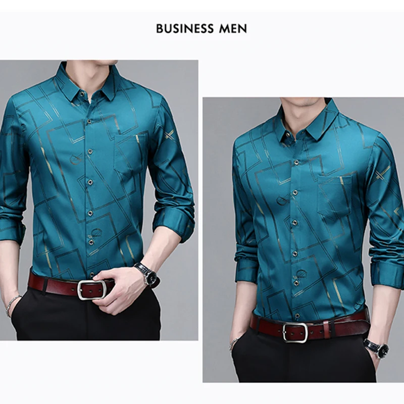 Men's Casual and Fashionable Long Sleeved Printed Shirt Non Ironing and Wrinkle Resistant Business Top
