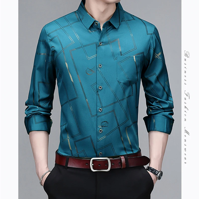 Men's Casual and Fashionable Long Sleeved Printed Shirt Non Ironing and Wrinkle Resistant Business Top