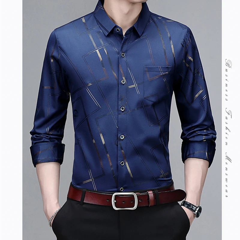 Men's Casual and Fashionable Long Sleeved Printed Shirt Non Ironing and Wrinkle Resistant Business Top
