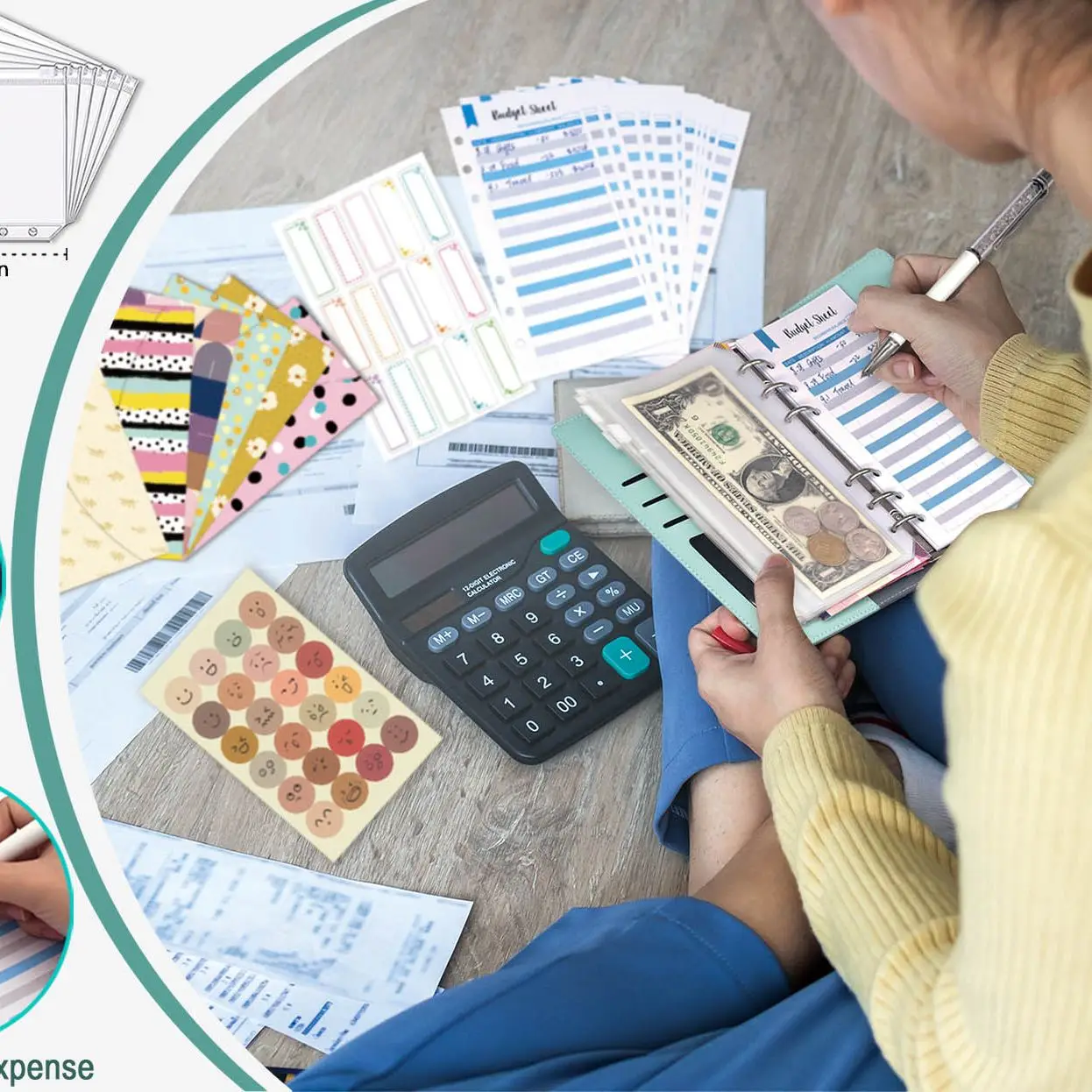 Budget Binder with Zipper Envelopes, Cash Envelopes with Budget Sheets, PVC Pockets, Cash Envelopes, Stickers & Pen