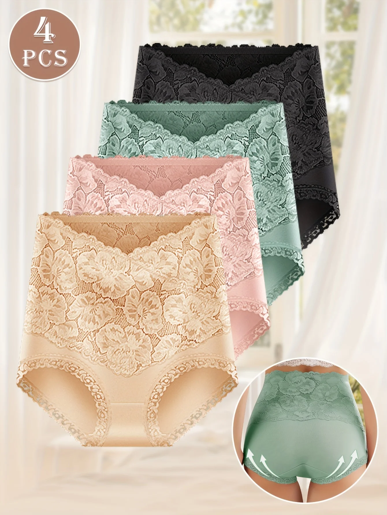 4pcs High Waisted Panties Ladies Jacquard Pattern Sexy Lace Hip Lifting & Shaping Skin Friendly & Soft Comfortable Cotton
