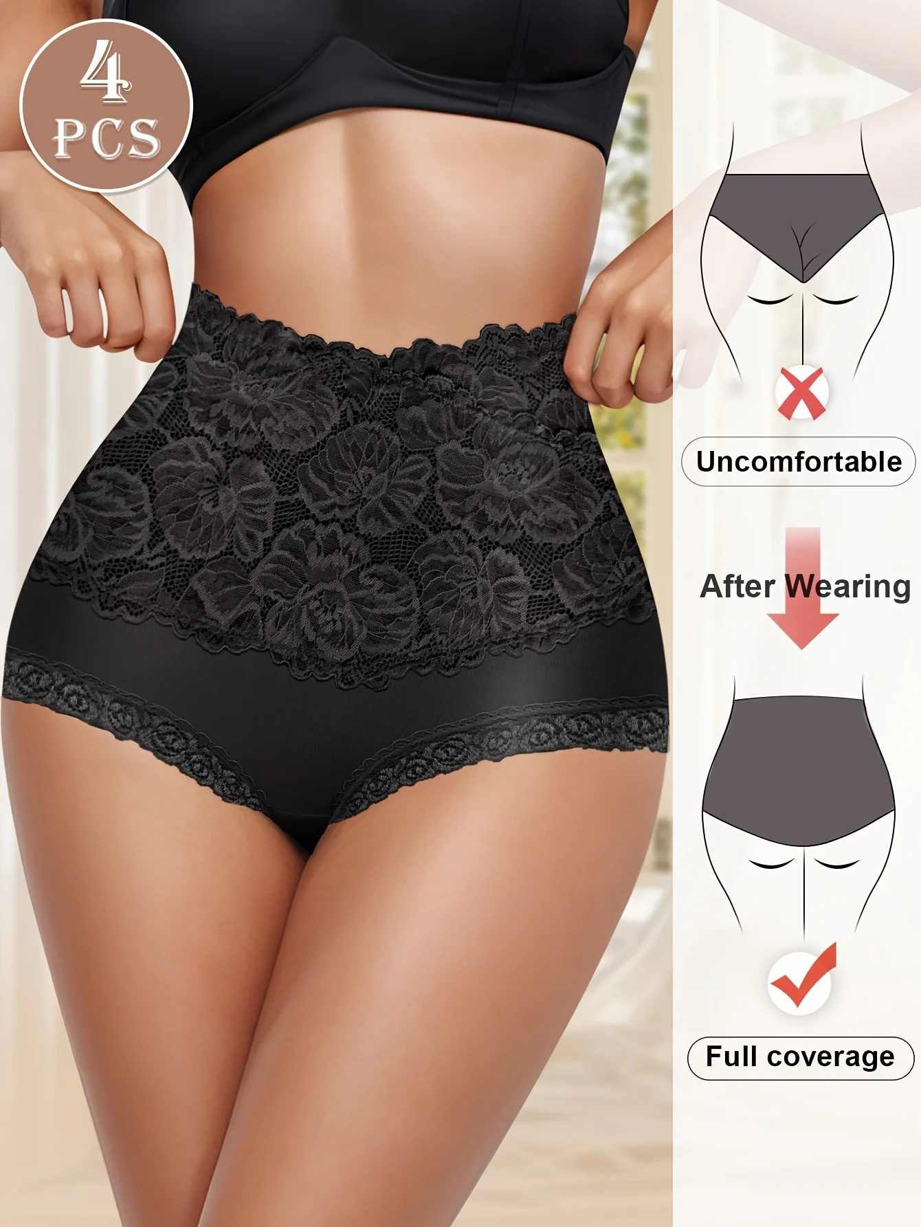 4pcs High Waisted Panties Ladies Jacquard Pattern Sexy Lace Hip Lifting & Shaping Skin Friendly & Soft Comfortable Cotton