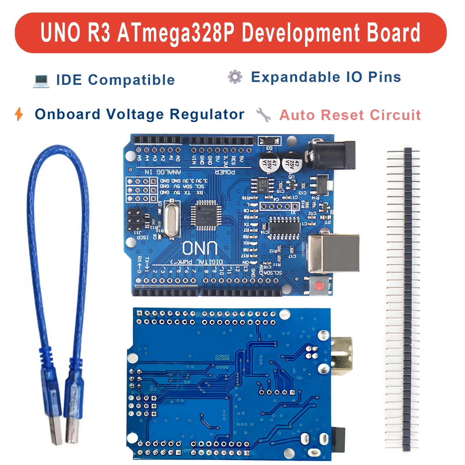 UNO R3 Board ATmega328P Microcontroller CH340 Driver Easy Install with Pin Header Cable for Arduino IDE STEM Learning Reliable