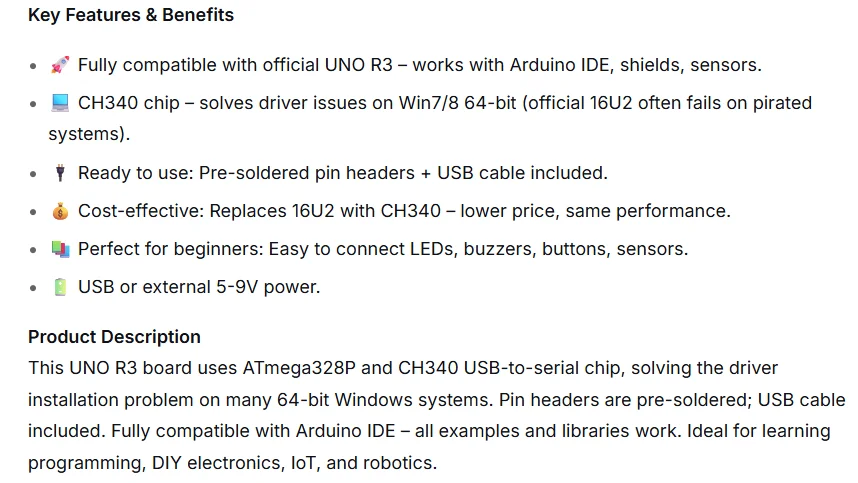 UNO R3 Board ATmega328P Microcontroller CH340 Driver Easy Install with Pin Header Cable for Arduino IDE STEM Learning Reliable