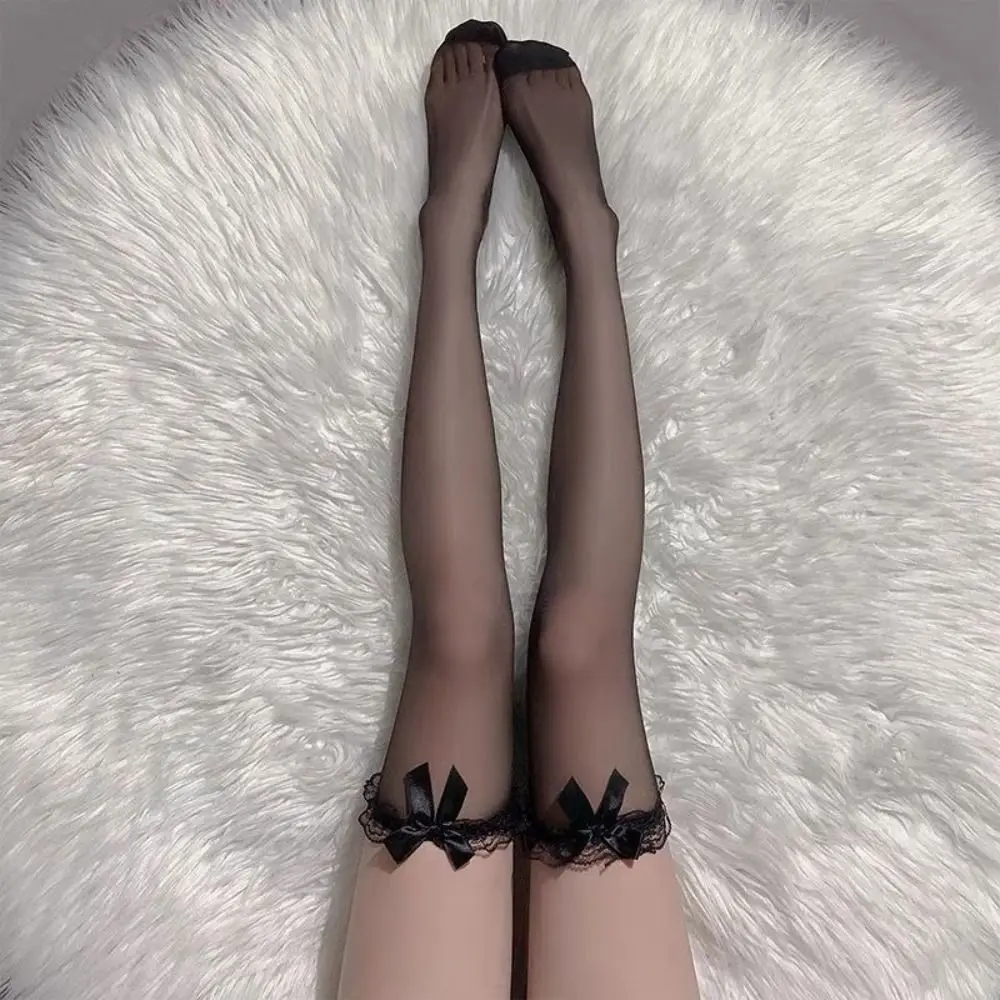 Black White Overknee Long Socks Women Sweet Girls Lolita Bowknot Thigh High Fishnet Stockings Gothic Punk Lace Mesh Legging