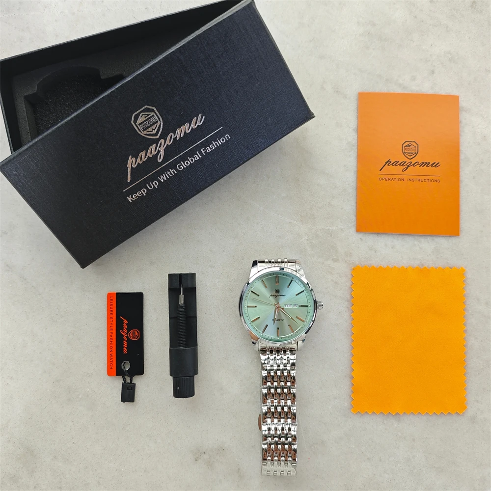 PAAZOMU Luxury Watch For Man Waterproof Luminous Date Week Stainless Steel Men Watch Casual Quartz Men's Watches Male Clock+box