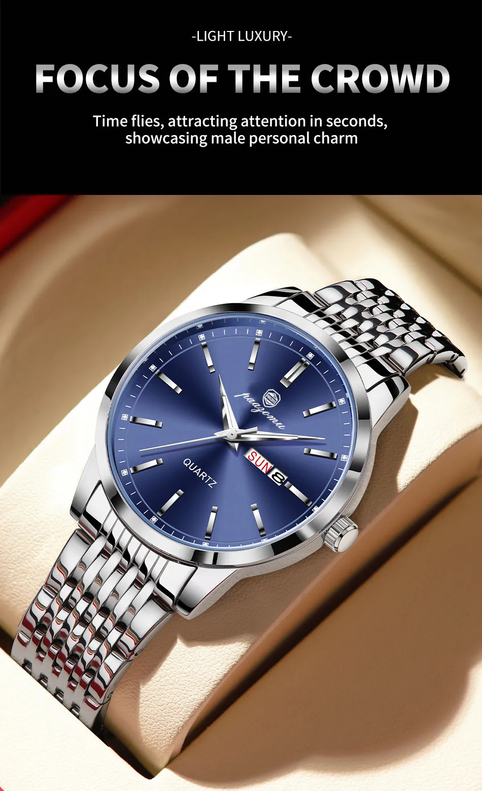 PAAZOMU Luxury Watch For Man Waterproof Luminous Date Week Stainless Steel Men Watch Casual Quartz Men's Watches Male Clock+box