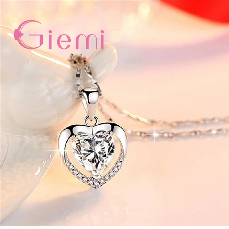 925 Sterling Silver Pendant Necklace For Women Engagement Fashion Jewelry Austrian Crystal Romantic Heart Shape Wholesale