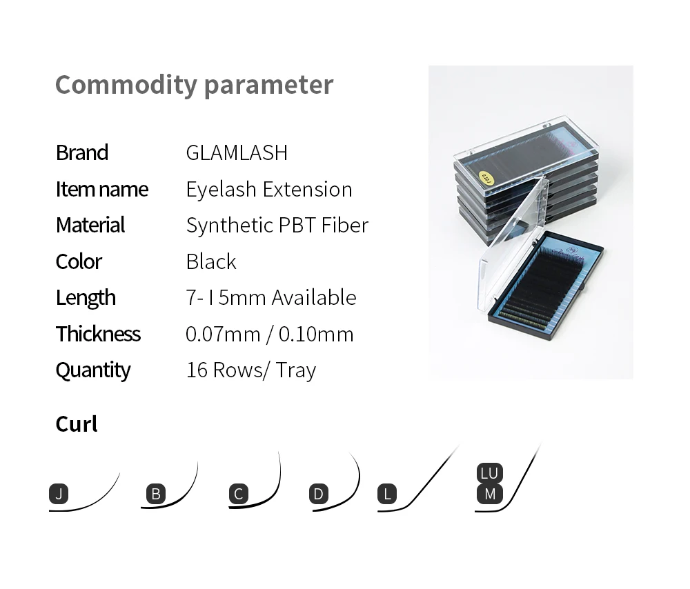 GLAMLASH Mix 7~15/15-20/20-25mm Handmade Korean Pbt J/B/C/D/L/LU(M) CURL Eyelash Extension Natural Soft Faux Mink Lash