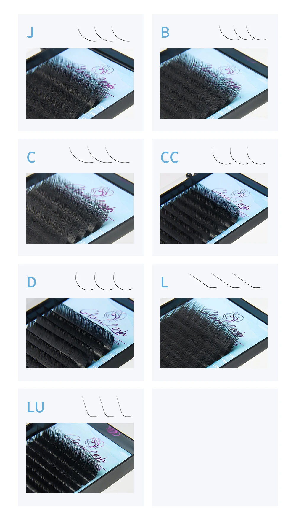 GLAMLASH Mix 7~15/15-20/20-25mm Handmade Korean Pbt J/B/C/D/L/LU(M) CURL Eyelash Extension Natural Soft Faux Mink Lash