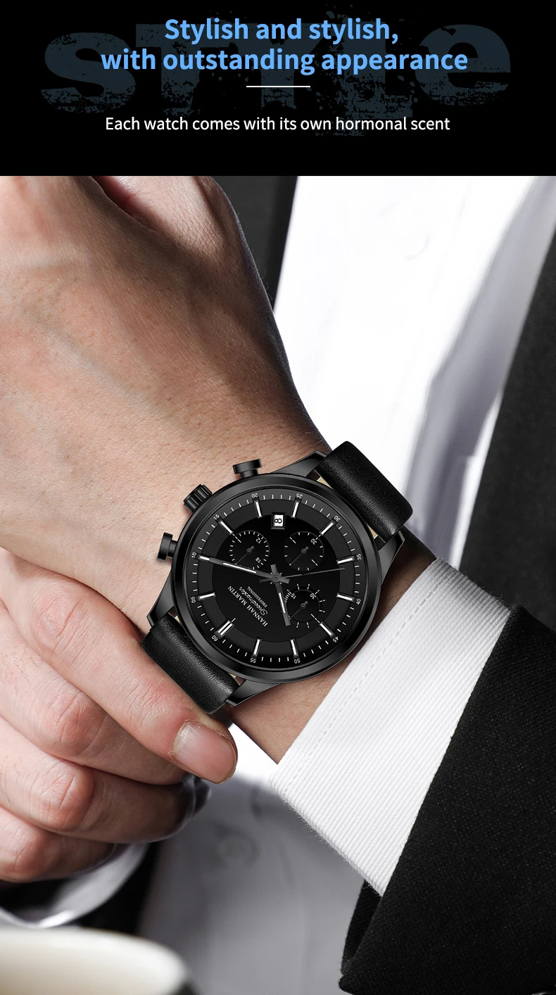 Hannah Martin Brand Men Watch Multifunctional Timing Dial Casual Sports Leather Original Quartz Movement Business Watch for Men