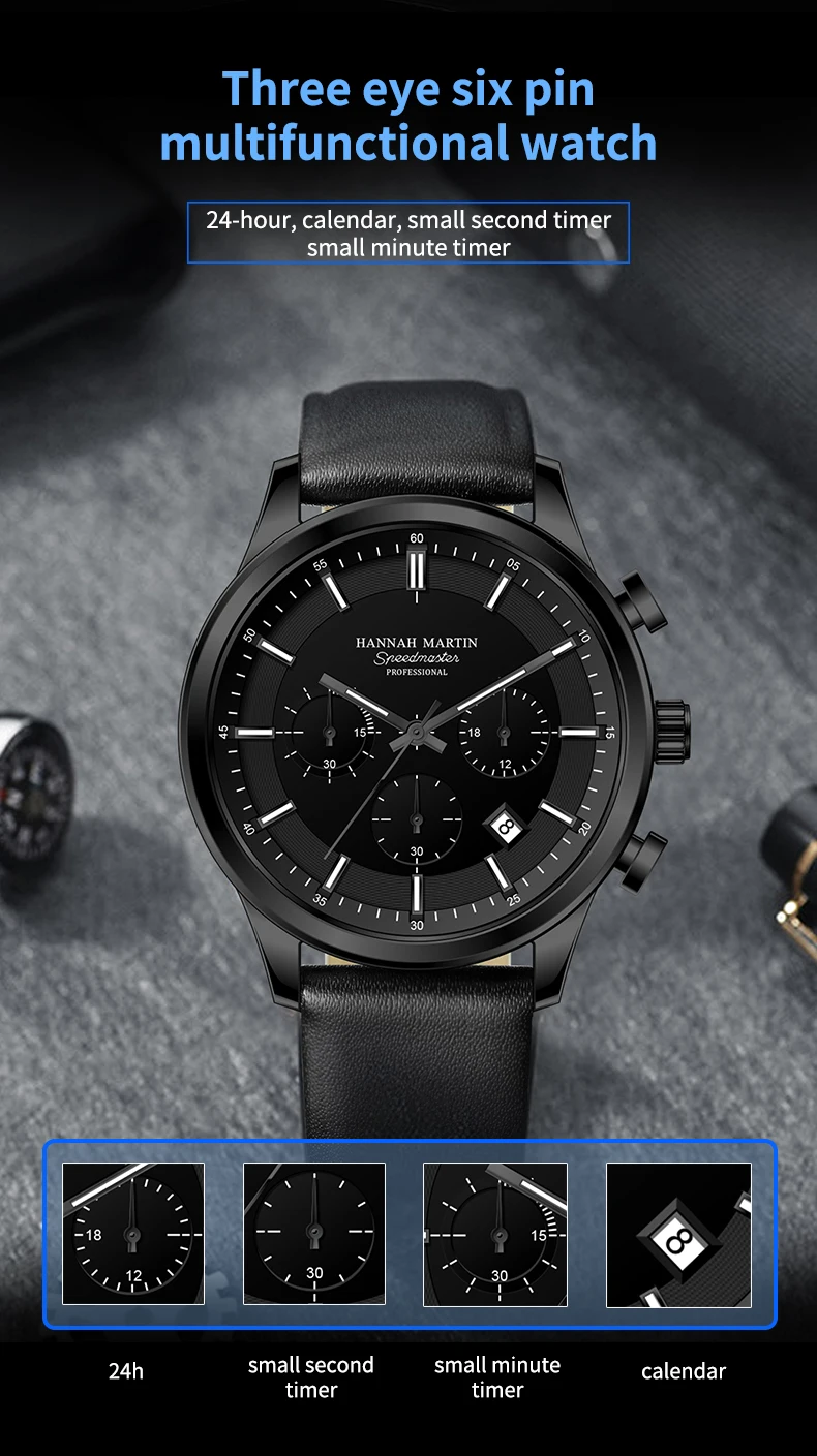 Hannah Martin Brand Men Watch Multifunctional Timing Dial Casual Sports Leather Original Quartz Movement Business Watch for Men