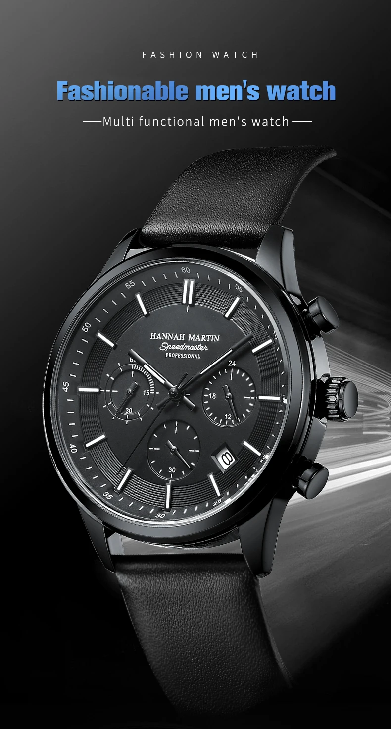 Hannah Martin Brand Men Watch Multifunctional Timing Dial Casual Sports Leather Original Quartz Movement Business Watch for Men