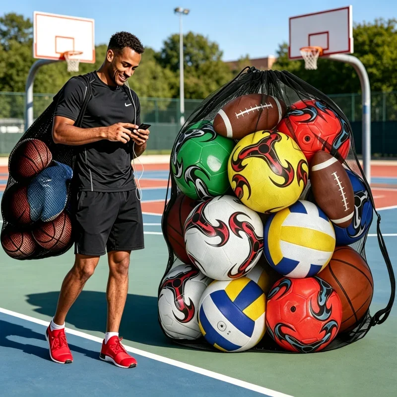 Soccer Ball Mesh Bag Backpack Extra Large Football Storage Bag With Drawstring Zipper Pocket For Holding Basketball Sports Bag