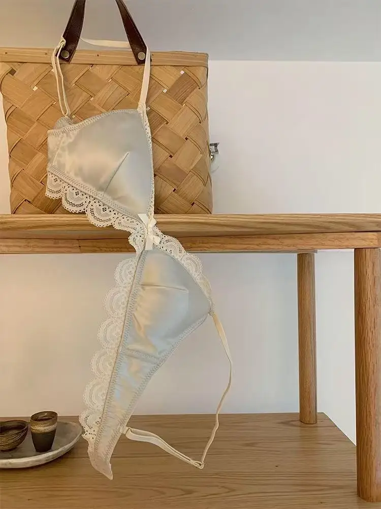 SP&CITY Korean Style Triangle Cup Bow Lace Bra for Women Small Chest Satin Underwear Sweet Girl Breathable Comfortable Soft Bra