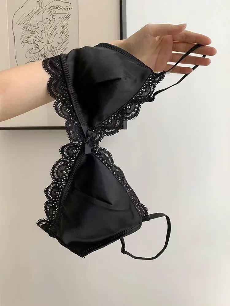 SP&CITY Korean Style Triangle Cup Bow Lace Bra for Women Small Chest Satin Underwear Sweet Girl Breathable Comfortable Soft Bra