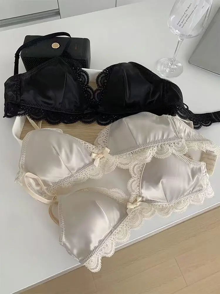 SP&CITY Korean Style Triangle Cup Bow Lace Bra for Women Small Chest Satin Underwear Sweet Girl Breathable Comfortable Soft Bra