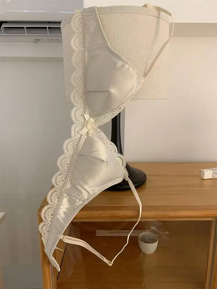 SP&CITY Korean Style Triangle Cup Bow Lace Bra for Women Small Chest Satin Underwear Sweet Girl Breathable Comfortable Soft Bra