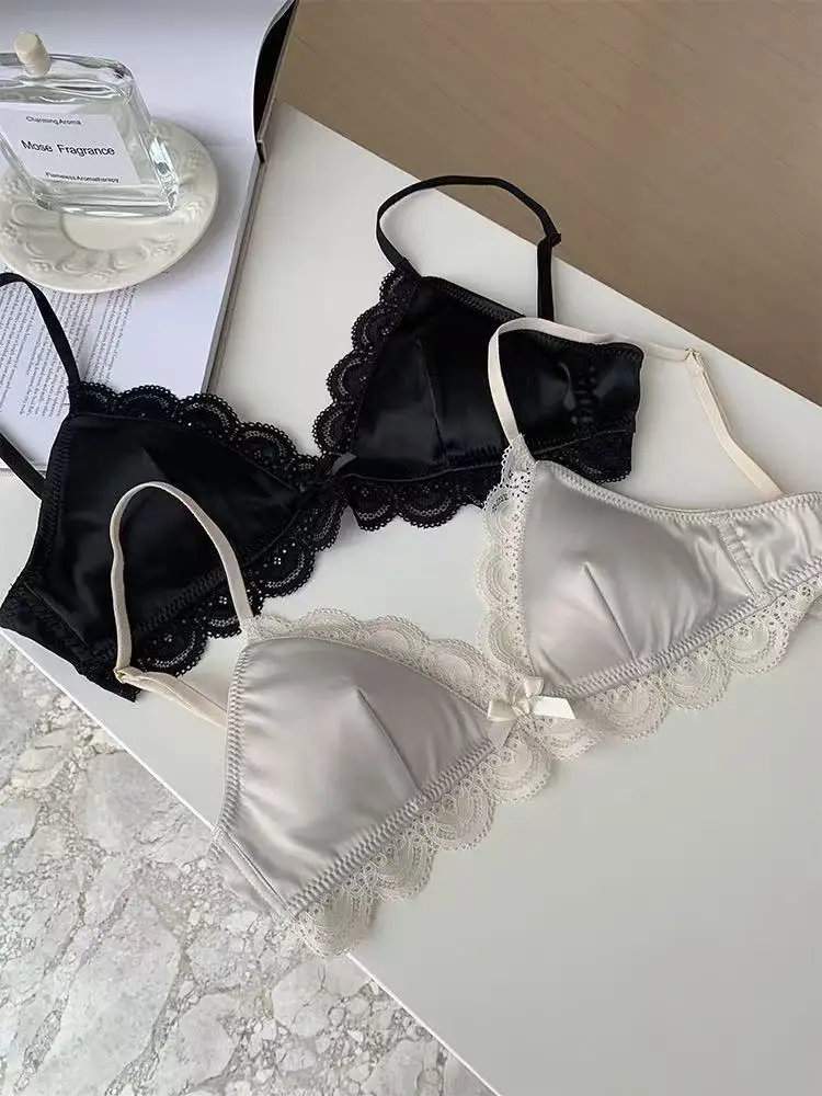 SP&CITY Korean Style Triangle Cup Bow Lace Bra for Women Small Chest Satin Underwear Sweet Girl Breathable Comfortable Soft Bra