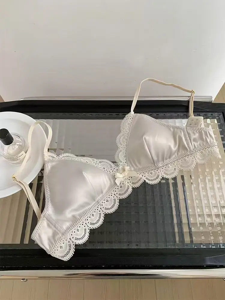 SP&CITY Korean Style Triangle Cup Bow Lace Bra for Women Small Chest Satin Underwear Sweet Girl Breathable Comfortable Soft Bra