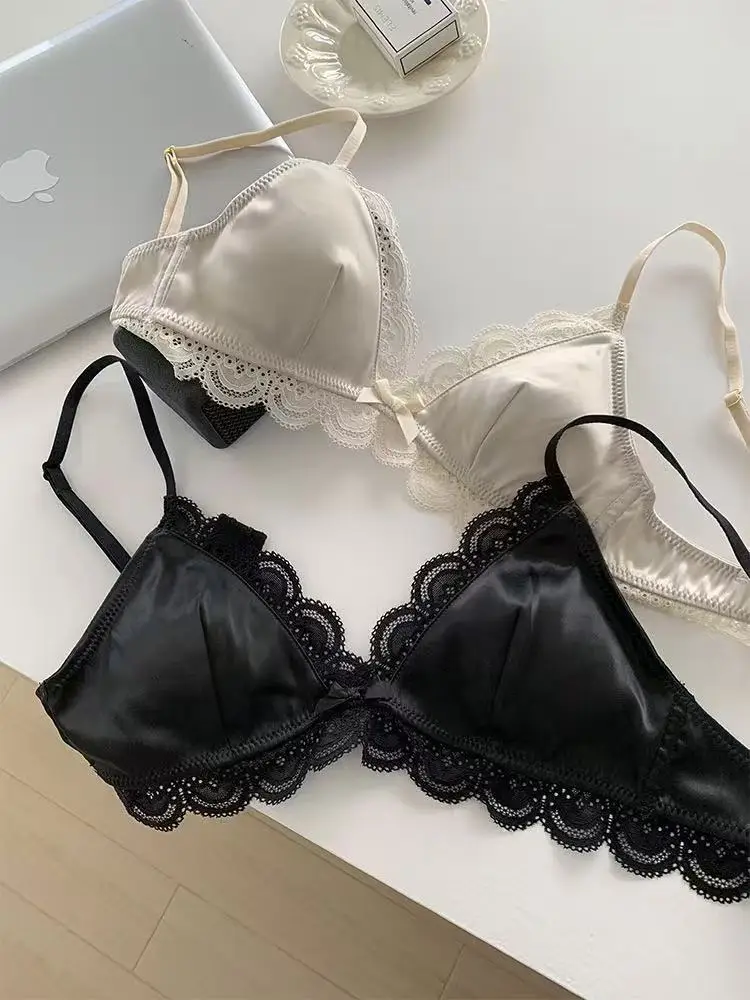 SP&CITY Korean Style Triangle Cup Bow Lace Bra for Women Small Chest Satin Underwear Sweet Girl Breathable Comfortable Soft Bra