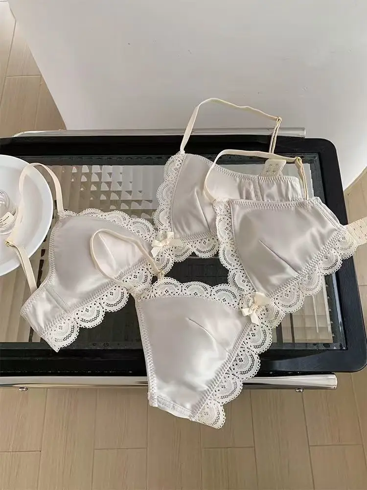 SP&CITY Korean Style Triangle Cup Bow Lace Bra for Women Small Chest Satin Underwear Sweet Girl Breathable Comfortable Soft Bra