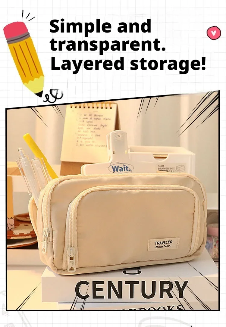 1pc Stationery Bag Pencil Case Large Capacity Pen Case Stationery Box Cosmetics Bag Portable Gifts