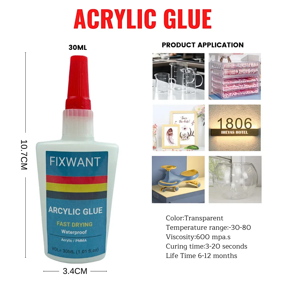 30ML FIXWANT Acrylic Glue Clear Strong Instant Adhesive PMMA ABS Plexiglass PVC Plastic PP PC Waterproof Fast Drying Glue