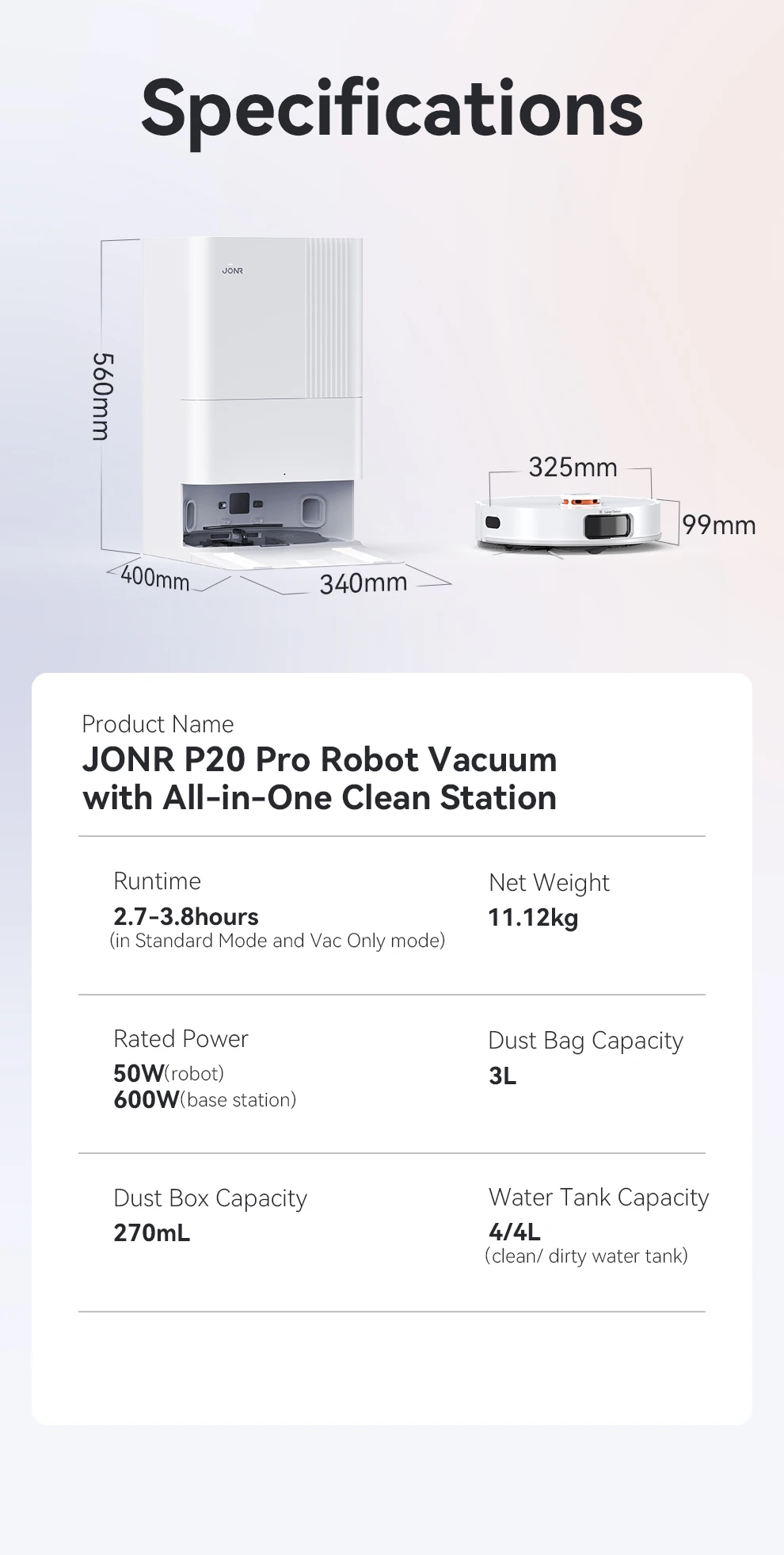 JONR Robot Vacuum P20 Pro International Edition Mopping Vacuuming Drying Wipes Automatic Cleaning Dust Collecting Drainage Water