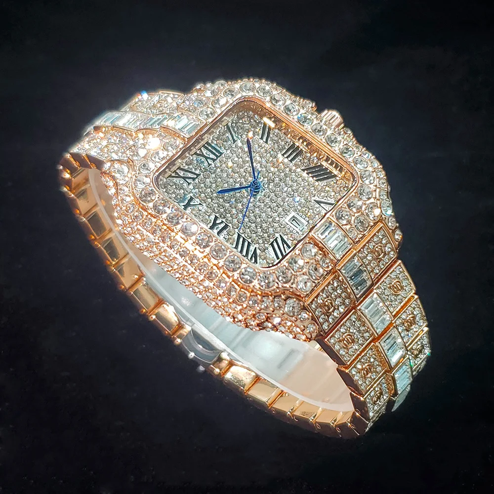 Luxury Diamond Watch for Men Hip Hop Style Bling Bling Iced Out Wristwatch Fashion Square Stainless Steel Waterproof Clock 2024