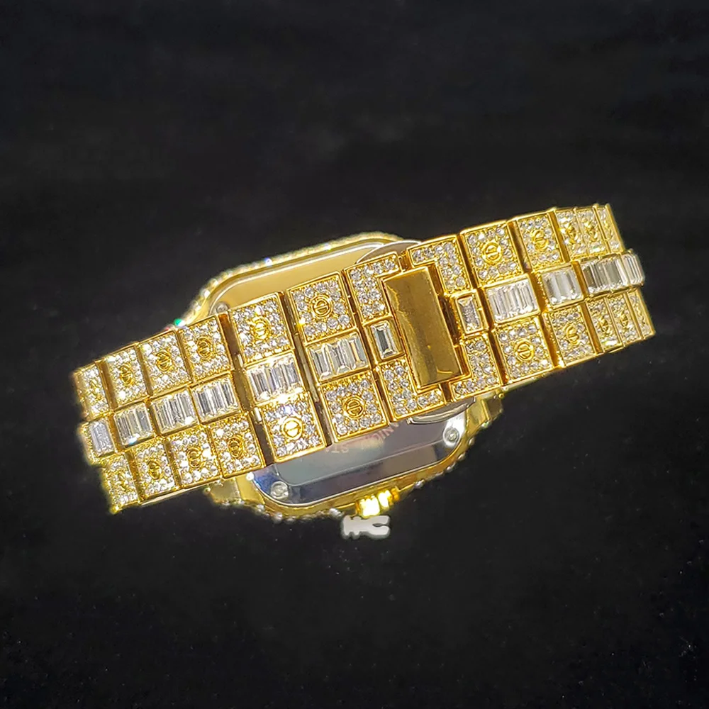 Luxury Diamond Watch for Men Hip Hop Style Bling Bling Iced Out Wristwatch Fashion Square Stainless Steel Waterproof Clock 2024
